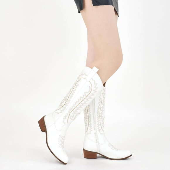 Women's White Embroidered Knee High Chunky Heel Pointed Zipper Tall Boots - Picture 6 of 7